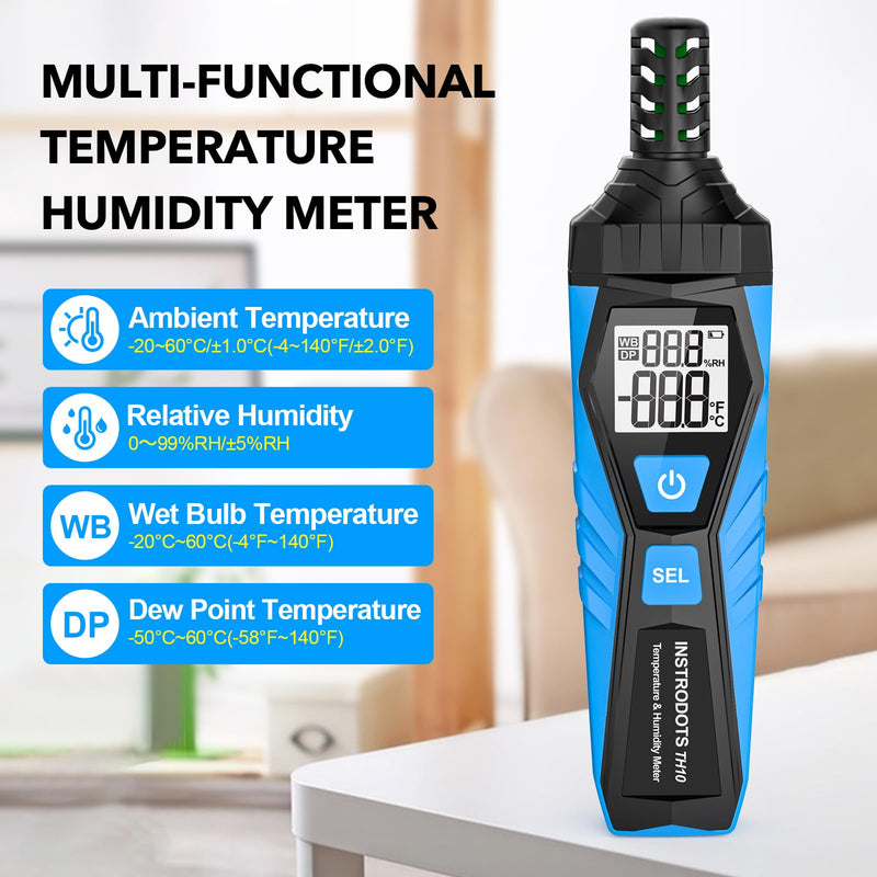 Temperature Humidity Meter - Handheld Thermometer Hygrometer with Ambient, Dew Point, Wet Bulb, High Precision Wet Bulb Thermometer, Dual Display Temperature & Humidity with LCD Backlight Blue TH10