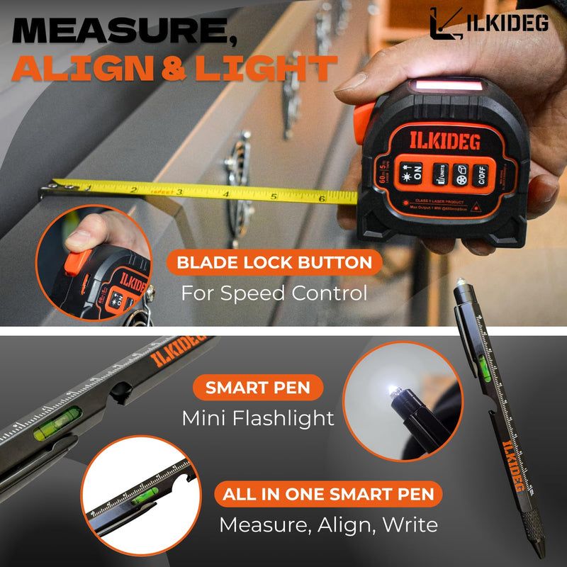 4-in-1 Digital Laser Tape Measure - Multitool Pen, 196ft Laser Measuring Tool, 16ft Measuring Tape, Crosshair Line Laser Level, Area/Volume/Pythagorean, Woodworking Tools, DIY, Ft/Ft+in/in/M Unit, edc