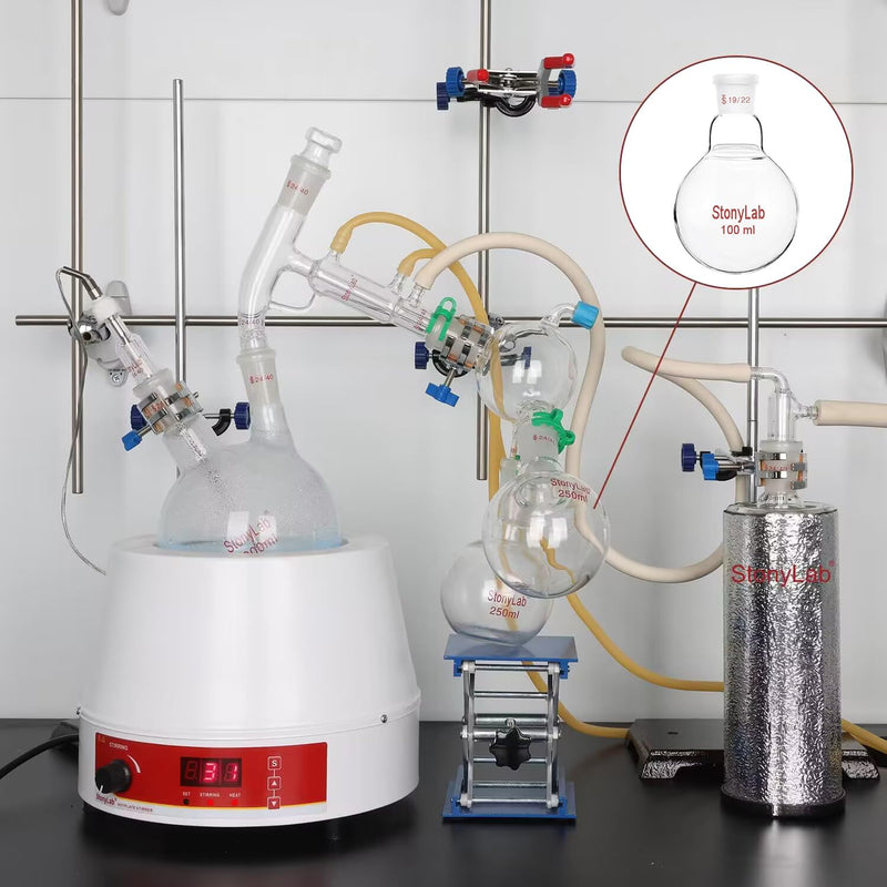 StonyLab Borosilicate Glass 250mL Heavy Wall Single Neck 1 Neck Round Bottom Flask RBF, with 19/22 Standard Taper Outer Joint - 250mL 250 ml
