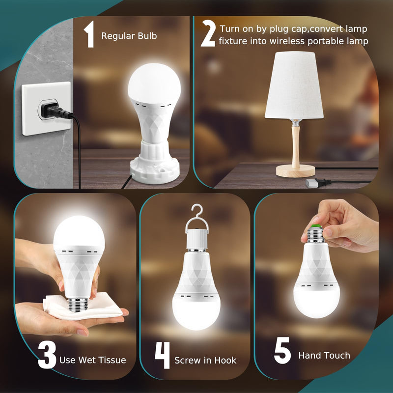 6 Pack Rechargeable Emergency Light Bulbs, Battery Powered LED Light Bulb 6000K Daylight E26 12W 60W Equivalent with 1500mAh for Home Power Outage Camping Hiking(6 Bulbs, 6 Hooks,3 Plug Caps) 1 HLQZS-6G