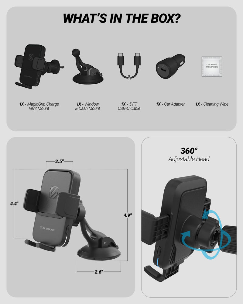 Scosche Wireless Car Charger Mount, Auto-Clamping Car Phone Holder Charger for Dashboard/Windshield/Vent with Adjustable Arm, 360° Rotation, Compatible with iPhone, Samsung, and More Android Phones Window / Dash / Vent