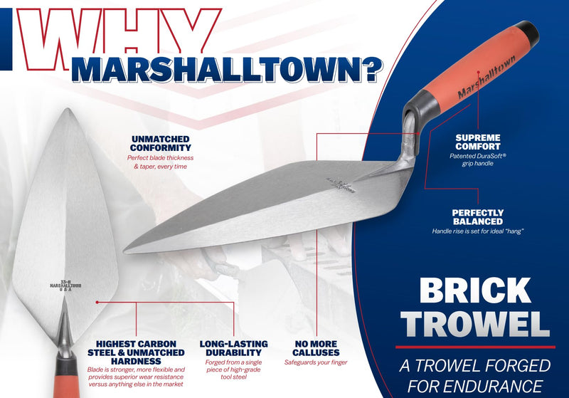 MARSHALLTOWN Brick Trowels, London Style, 12 x 5-1/8 Inch, DuraSoft Handle, Brickwork, Blockwork, Stonework, Masonry, Assembled in USA, 33 12FG