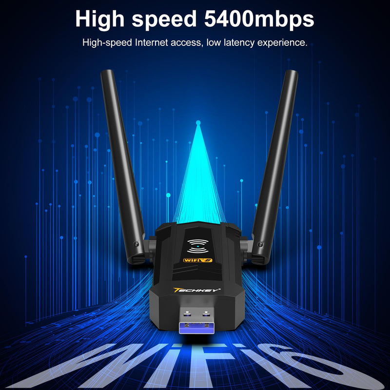 USB WiFi Adapter for Desktop PC - Techkey AXE5400 Mbps Dual 5Dbi High Gain Antennas WiFi 6E Wireless Dongle Network Adapter with Tri-Band 6GHz/5GHz/2.4GHz for Desktop Laptop Windows Only 11/10/8.1/8 5400Mbps Black