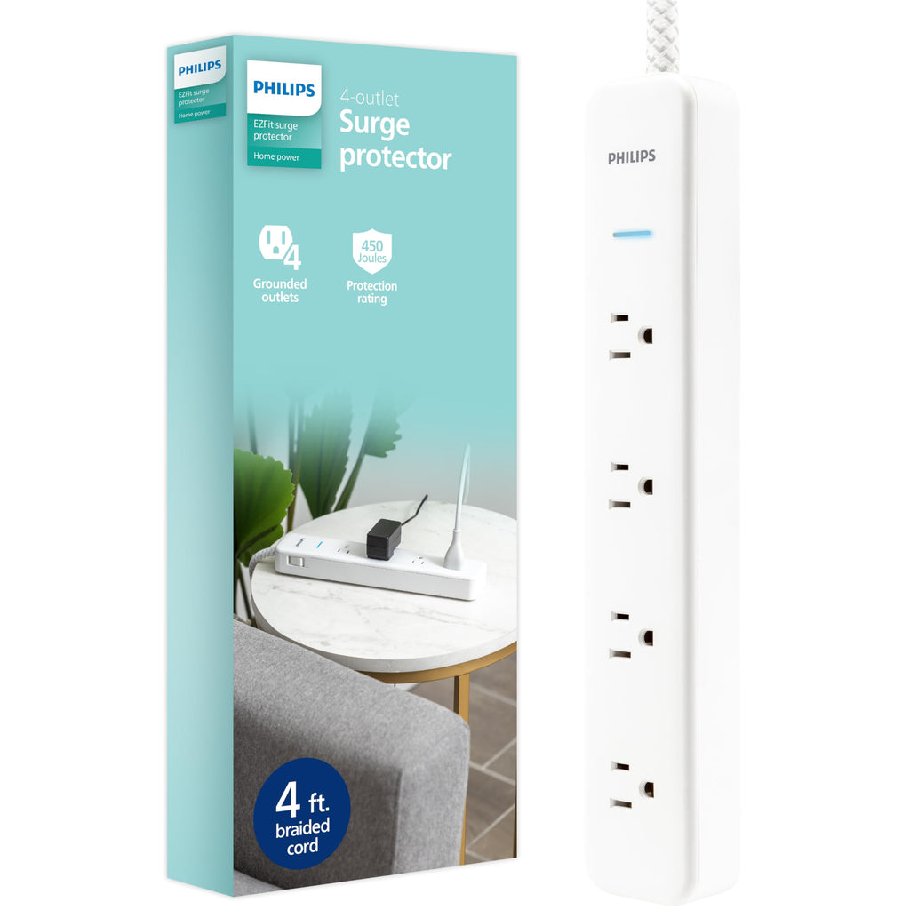 Philips 4-Outlet Surge Protector, 4ft Braided Extension Cord, 450J, Adapter-Spaced, White - SPP3563W/37