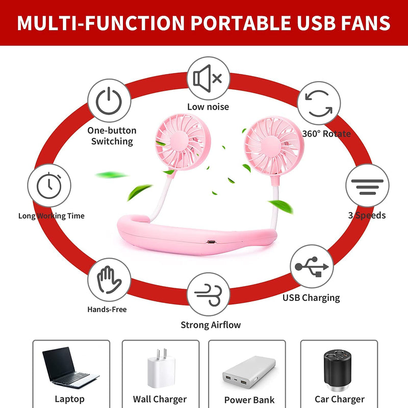 Portable Neck Fan Rechargeable Personal Hand-Free Fan Mini USB Wearable Neckband Sport Fan, 3 Speed Adjustable, 360 Degrees Free Rotation Perfect for Working, Traveling, Office, Reading (Pink) Pink
