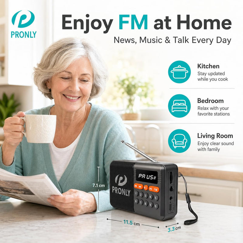 FM Radio, Digital FM Radio with Bluetooth, USB-C Rechargeable Small Portable Radio, TF Card/U Disk Playback, LED Display, PR-808BT for Home Bedroom Kitchen, Black