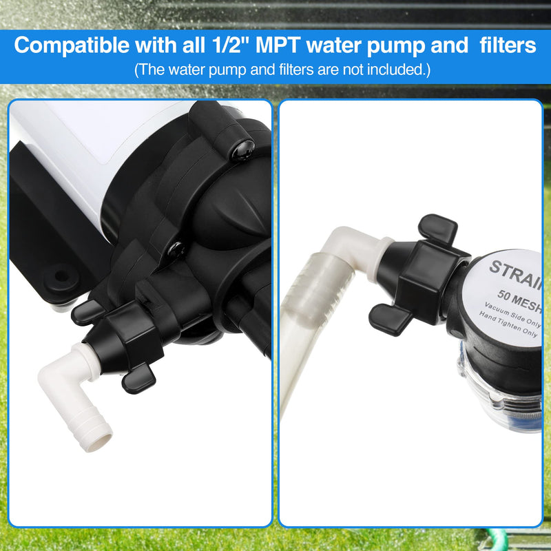 Dreyoo 1/2" x 14 NPT x 1/2" Barb Elbow and Straight Swivel Adapter RV Water Pump Fittings with Thread Seal Tape, 1/2 Inch Female Threaded Pex Fittings for Water Pump Strainer