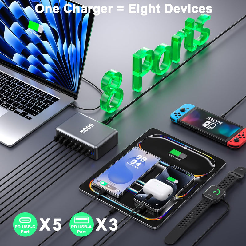 600W USB Charging Station,8-in-1 Multiple USBC Charger Block,Dual PD 140W Laptop Fast Charger Adapter,Multiple Devices Hub Compatible with MacBook Pro/Air,DELL,iPhone15/16,GalaxyS24/S23 and More