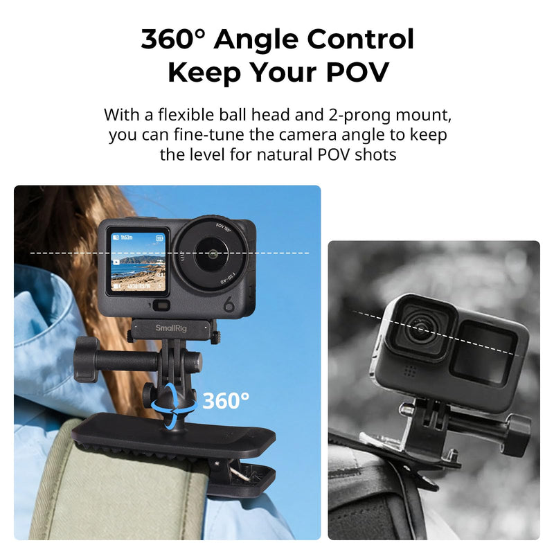 SMALLRIG Backpack Clip Mount for DJI Osmo Action 6/Nano, 360° Ball Head & 2-Prong Mount, Magnetic Adapter& Foldable Hook, POV Shooting for Hiking/Vlogging - 6307 Backpack Strap Clip