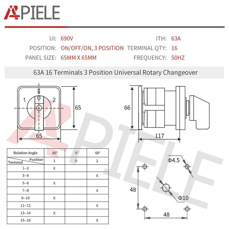 APIELE Changeover Selector Switch 63A 3 Position 16 Terminals Poles 440V Universal Rotary Cam Selector