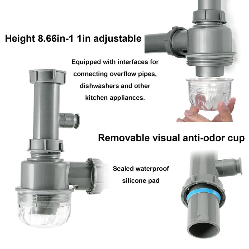 1 1/2" Kitchen Sink Drain Kit P-Trap Strainer Adjustable Height with 304 Stainless Steel 3-1/2" Sink Drain Assembly Kit for Kitchen Bar and RV Single Sink Drain Kit Gray