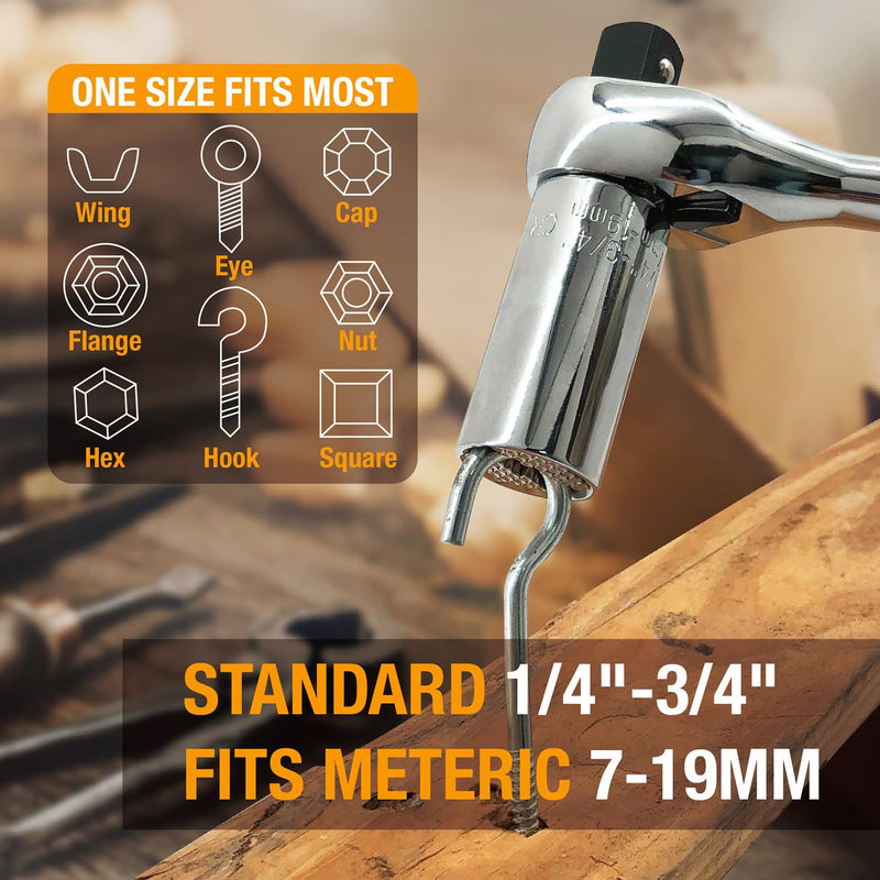 MacWork 4-in-1 Wrench and Universal Socket Set, 1/4", 3/8", 1/2" Drive and 1/4" Drive Bit Driver Ratchet Handle, 72-Tooth, with Universal Socket(7-19mm), Phillips #2 & Slotted 1/4" Screwdriver Bit