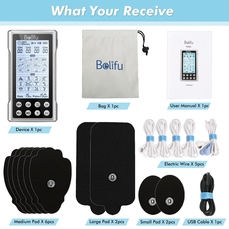 Belifu 4 Channel TENS EMS Unit – 24 Massage Modes & 30 Intensity Levels, Rechargeable Electric Pulse Muscle Stimulator with 10 Pads & 5 Lead Wires for Pain Relief & Therapy, Color Silver