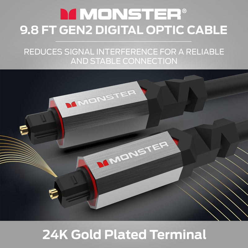 Monster Gen2 Essentials Digital Optical Toslink Cable, Sound Bar Optical Audio Cable with Gold Connectors, 9.8ft 9.8 Feet Digital Optic