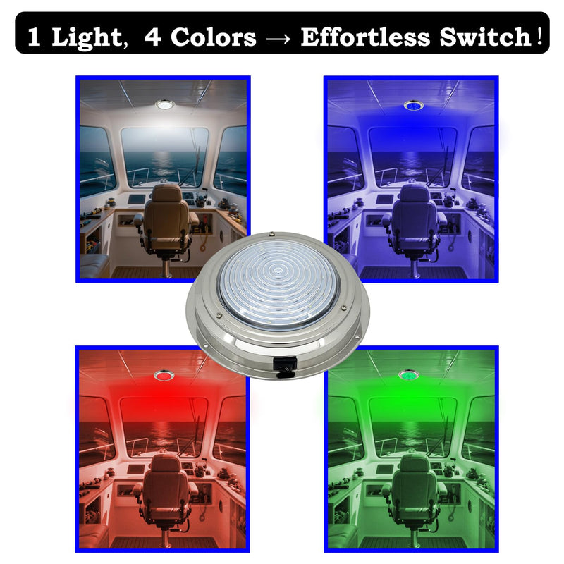 Marine Boat Dome Light, RGBW 7" 12V Interior Cabin Lights, Built in Toggle Switch, Stainless Steel Surface Mount