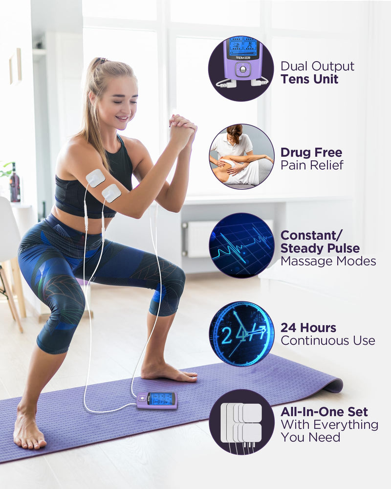 TENKER TENS Unit Muscle Stimulator, 24 Modes TENS EMS Machine for Shoulder, Sciatica, Back Pain Relief, Rechargeable Electronic Pulse Massager with 2"x2" and 2"x4" Electrode Pads A-purple