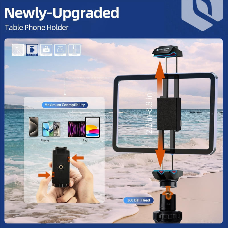 Fotopro iPad Tripod Stand with 360 Ball Head for Camera, Phone, Tablet & More - Cold Shoe, Flexible Phone Tablet Holder for Vlogging, Live Streaming & Selfie AT-2