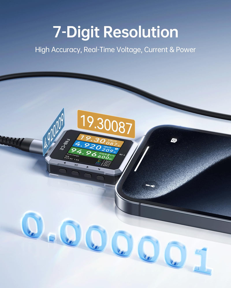 FNIRSI FNB-C2 PD 3.1 USB C Tester 4-50V 6.5A 240W, USB Power Meter with 20-Bit ADC 7-Digit Display Bi-Directional, 1.54" Screen, Curve View & Gravity Sensor, Supports PPS, QC3.0, E-Marker