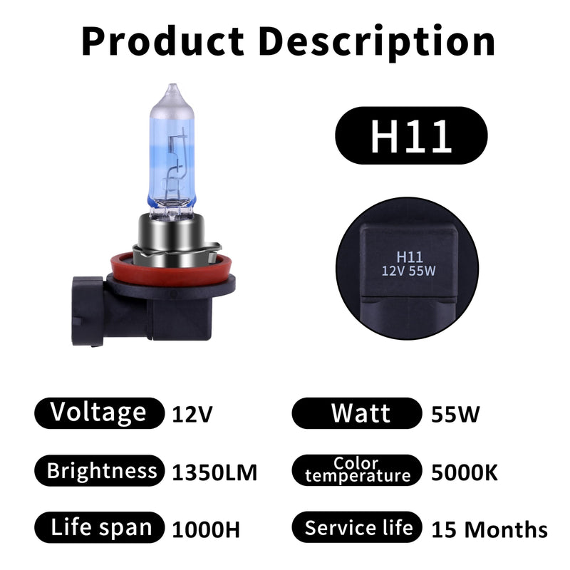 H11 Headlight Bulb Halogen Bulb Headlight 5000K Super White Light Long Life Replacement PGJ19-2 12V/55W (H11, 2 Pack) H11 Cool Blue, 2 Pack