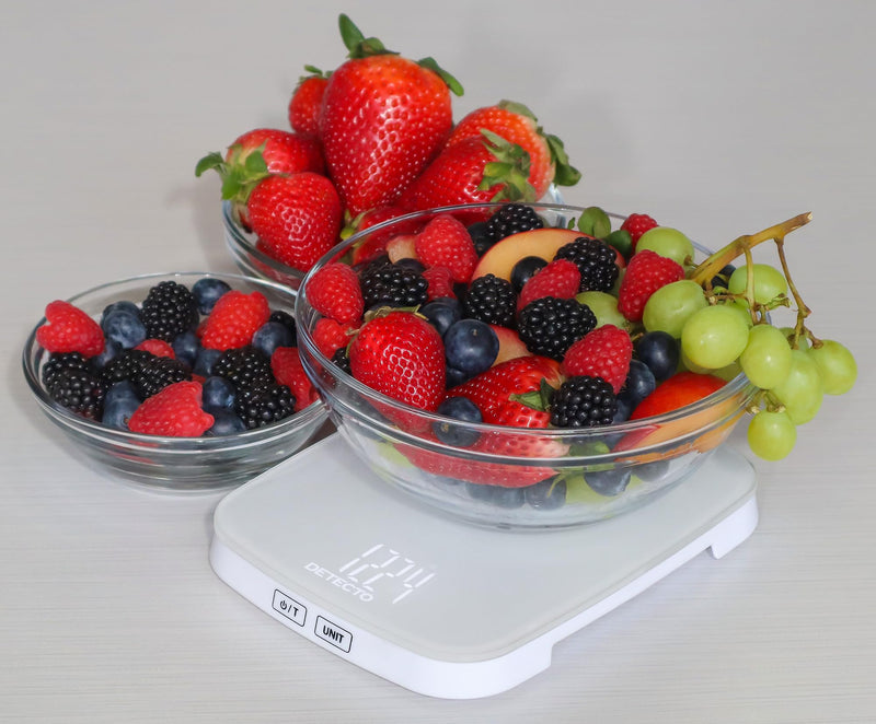 DETECTO Digital Kitchen Scale, Highly Accurate, Compact Glass Platform, Easy-to-Read Display, USB Rechargeable, 22 lb Capacity, Black/White (White) white