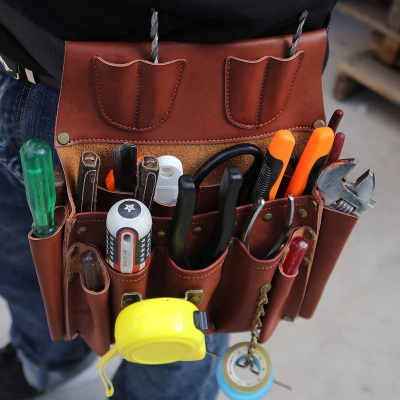 TOURBON Leather Tool Pouch Belt Tool Organizer for Carpenter Construction | for Wrench Screwdriver Chisel Folding Knife Tape Measure Plier, Framers Handyman Electrician's Tool Bag