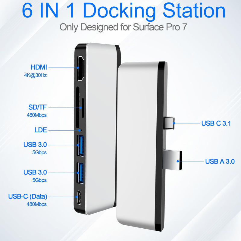 Surface Pro 7 Docking Station, Microsoft Surface Pro 7 USB Hub with 4K HDMI+ USB C Audio & Data Transfer+ 2 USB 3.0 Ports+ TF/SD Card Slot, Surface Accessories Adapter for Surface Pro 7