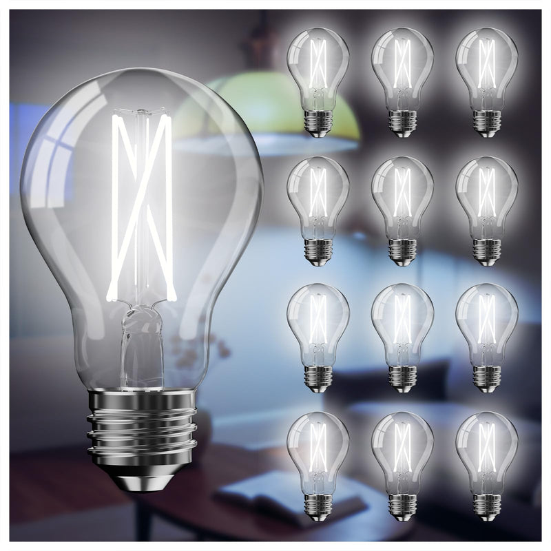 DAYBETTER 12 Pack A19 Vintage LED Edison Bulbs, 60W Equivalent Dimmable LED Bulbs, High Brightness 5000K Daylight, 800 Lumens, 8W E26 Standard Base, Ultra-Bright, CRI80+, Clear Glass Filament Bulb Daylight White 5000k