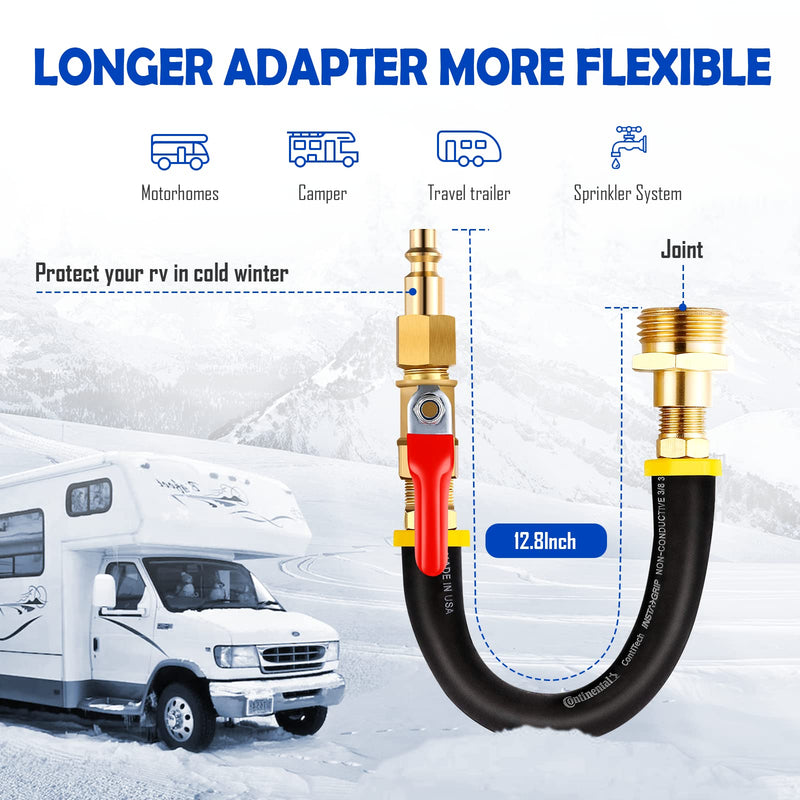 RV Winterizing kit & Sprinkler Blowout Adapter with shut off valve Air compressor Quick-Connect plug garden hose Water Blow Out Fitting for Winterize Sprinkler Systems, Camper,Motorhome