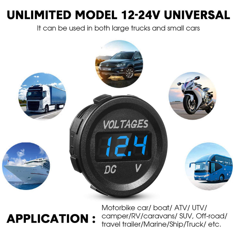 BBTO 2 Pieces DC 12V Car Voltage Gauge LED Display Waterproof Voltmeter Digital Round Panel Voltmeter Compatible with Vehicle Motorcycle Truck Camper ATV UTV Car Boat Marine (Blue Digital) Blue Digital