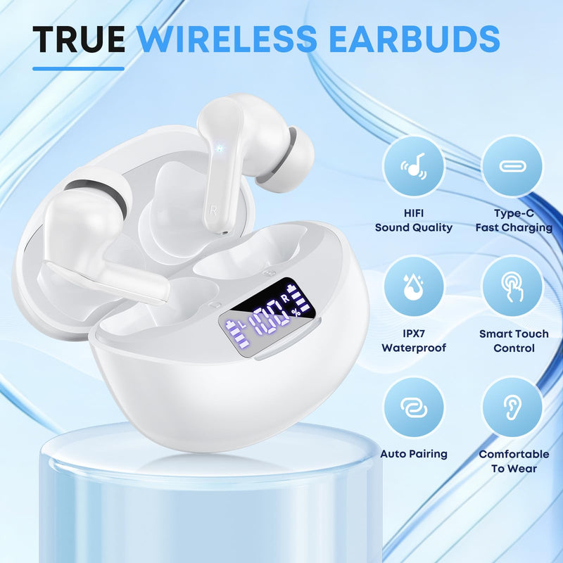Wireless Earbuds Bluetooth 5.4 Headphones, Noise Cancelling Mic Ear Buds with 50H Playback, LED Digital Display, IPX7 Waterproof Earphones for Office/Running/Workout White