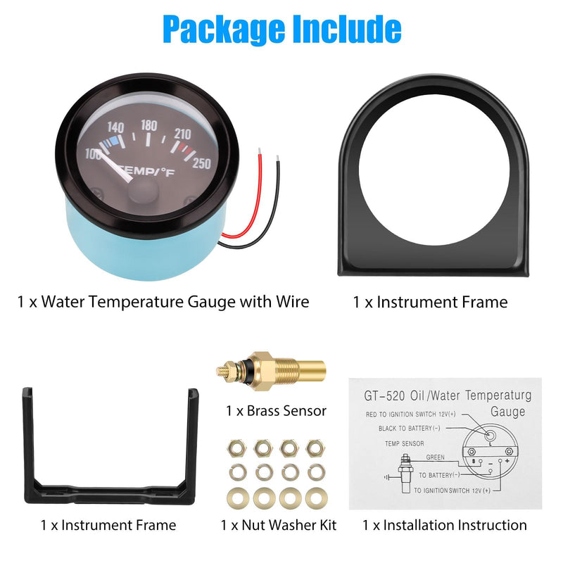 12V Water Temperature Gauge 100-250℉, 52mm Water Temp Gauge LED Backlight, Water Coolant Temp Gauge, Water Temp Meter with Sensor, Electrical Water Temperature Gauge for Car RV Truck Boat Marine