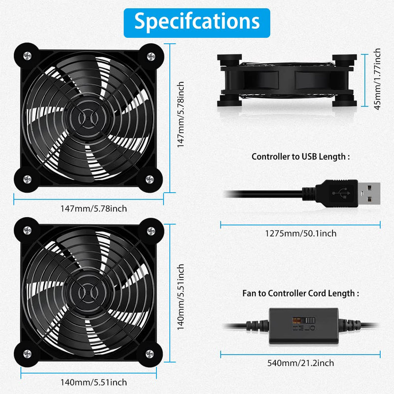 2Pack 140mm Mini USB Fan Computer Fan Multi-Speed Control, Reduction Heat for Router, Game Console, TV Box, Recipient, Modem, DVR, Playstation, AV-Cabin 2 Pack