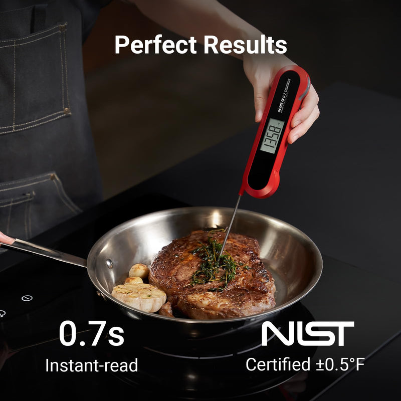 0.7 Seconds Instant Read Meat Thermometer Digital for Cooking with Ambidextrous Backlit & IP67 Waterproof, Magnetic ThermoMaven F1 Food Probe for Kitchen, Outdoor Grilling, BBQ Smoker Red & Whiteker