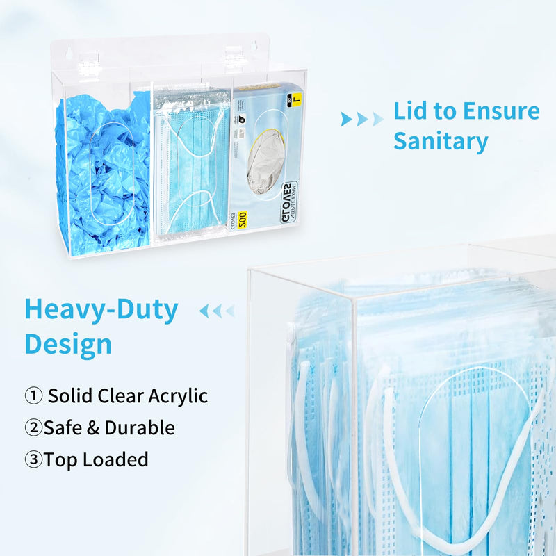Face Mask Dispenser Box,3 Compartment Acrylic Gloves Holder Hygiene Station with Lid, Shoe Cover and Hairnet,Wall Mount Holes or Tabletop Holder Triple Layer-C