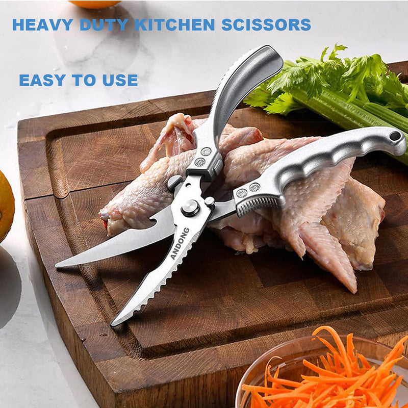 ANDONG Heavy Duty Professional Poultry Shears -Stainless Steel Kitchen & Meat Scissors with Leather Sheath, Dishwasher Safe Spring Loaded Utility Shears for Cooking, Butchering, Cutting Plus Silver