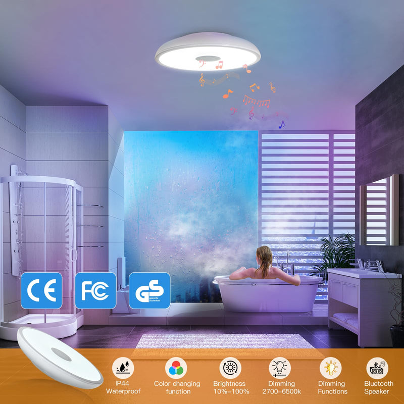 Smart Waterproof LED Flush Mount Ceiling Light Fixture,with Bluetooth Speaker,11 Inch,18 watt,Dimmable Music Lamp,RGB Color Changing Light with Remote Control,for Bathroom,Shower,Bedroom 11 inches White-Dimming Function+Bluetooth