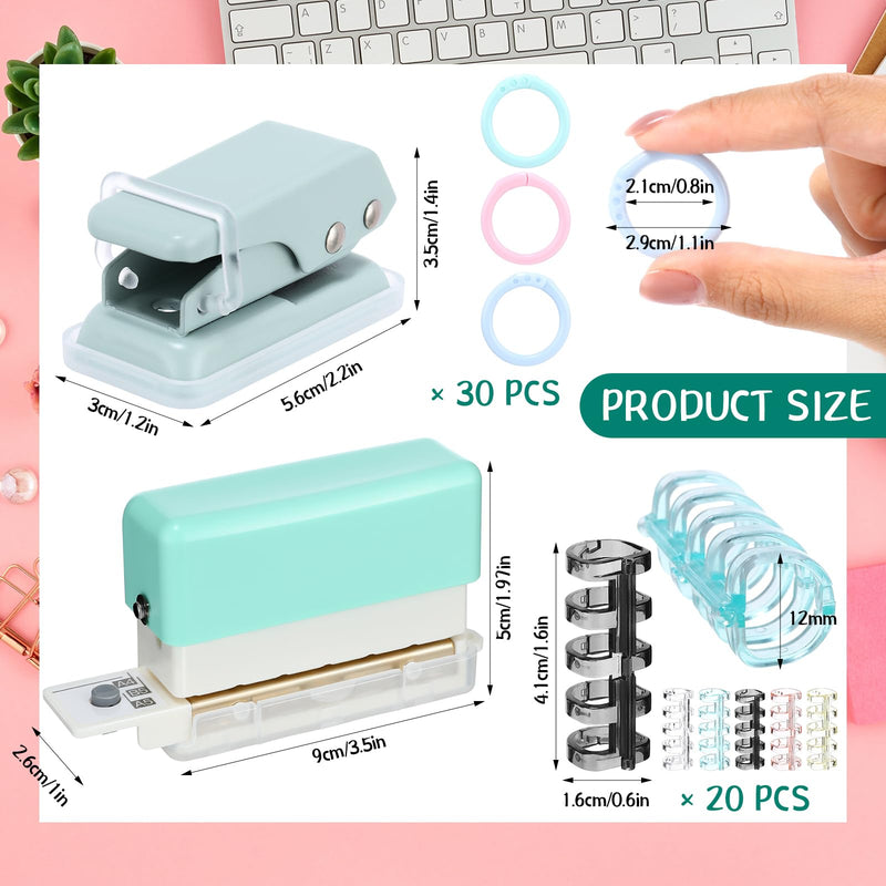 ReliThick 52 Pcs Binding Machine Set Includes 1 Pcs 6 Holes Binder Punch 1 Pcs Single Hole Binder Machine 20 Pcs 5 Ring Plastic Loose Leaf Binder Rings 30 Pcs Small Binder Rings for Home Office