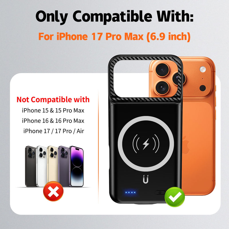 New 10000mAh Rechargeable Portable Battery Case with Wireless Charging Case Extend Battery Pack Charger Cover Compatible for iPhone 17 Pro Max (6.9 inch) Black