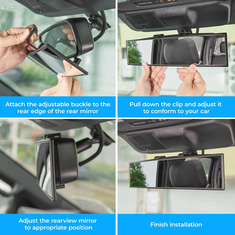 JOYTUTUS Rear View Mirror, Universal 11.81 Inch Panoramic Convex Interior Clip-on Wide Angle Mirror to Reduce Blind Spot Effectively for Car SUV Trucks -Clear 1 Clear (Black frame)