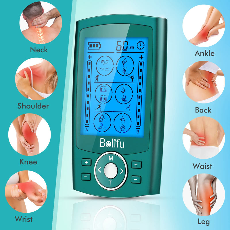 Belifu Dual Channel TENS EMS Unit with 12 Pads, 24 Modes Muscle Stimulator, Electronic Pulse Massager Muscle Massager for Pain Relief Therapy, Fastening Cable Ties, Dust-Proof Drawstring Storage Bag Green
