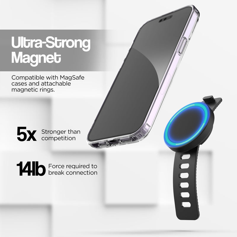 ENCASED Fitness Bike Magnetic Phone Holder, Strap Bar Mount for MagSafe | Strong Grip Magnets, Ultra-Secure Rubber Strap for Treadmills, Peloton Handlebars, Bicycles, Strollers and Gym Equipment