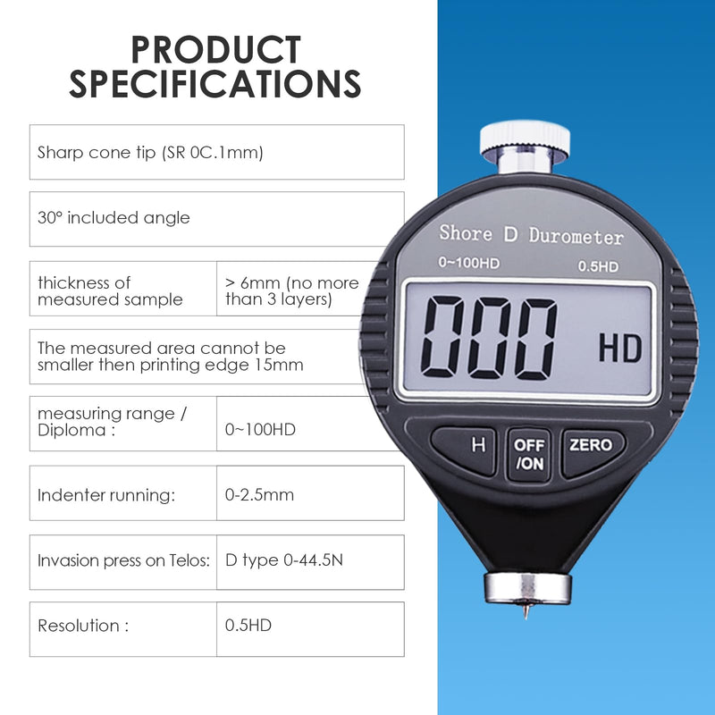 Shore D Hardness Tester Meter Portable 0-100HD Digital Durometer D for Rubber, Tire, Plastic, Thermal Plastic, Flooring, Bowling Ball with Large LCD Display Black