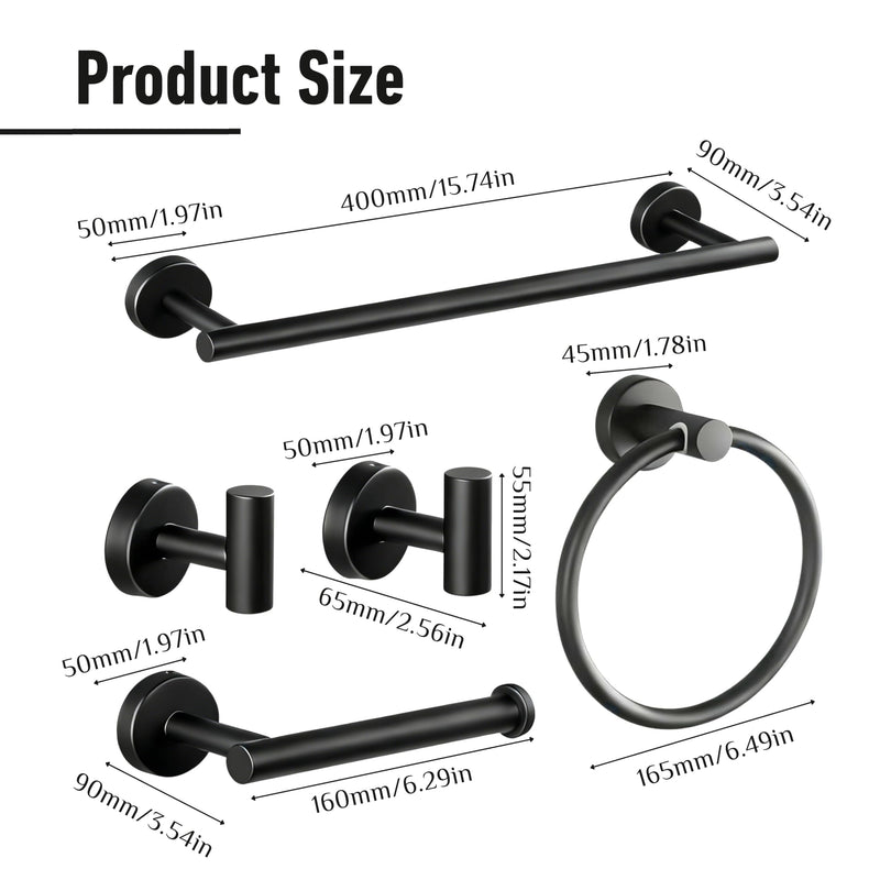 Bathroom Towel Holder Set, 16inch Wall Mounted Black Towel Bar Set for Bathroom,Black Bathroom Hardware, 5 Pieces Towel Rack Set for Bathroom