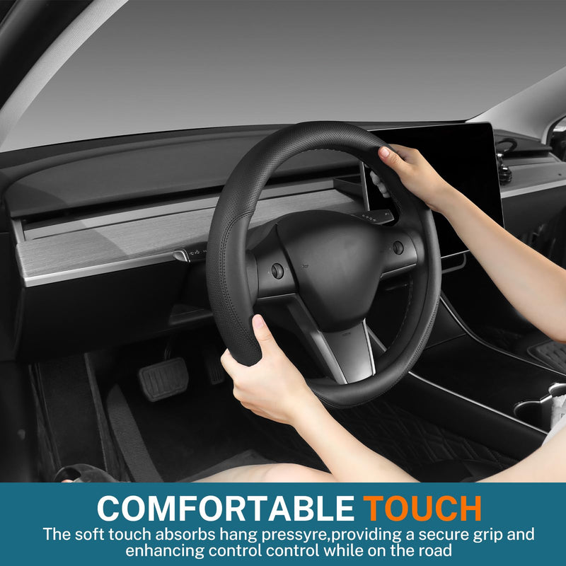 Leather Steering Wheel Cover Custom-Fit for Tesla Model 3/Y 2016-2026, Comfort Grip Design Breathable and Non-Slip, Model 3/Y Car Steering Wheel Protector, Tesla Accessories,Black(A-Style, for Tesla) A-Style