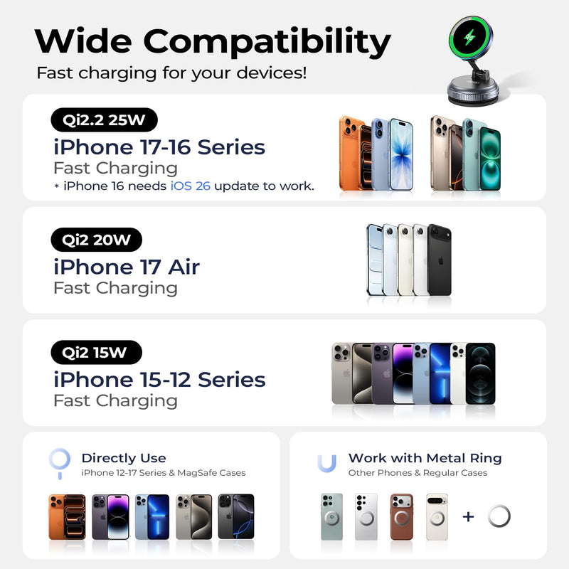 Qi2.2 Magnetic Car Mount Charger,25W Fast Wireless Charging Stand with RGB Light,360° Rotating Suction Phone Holder for Your Car,Compatible with iPhone 12-17,S26/S25