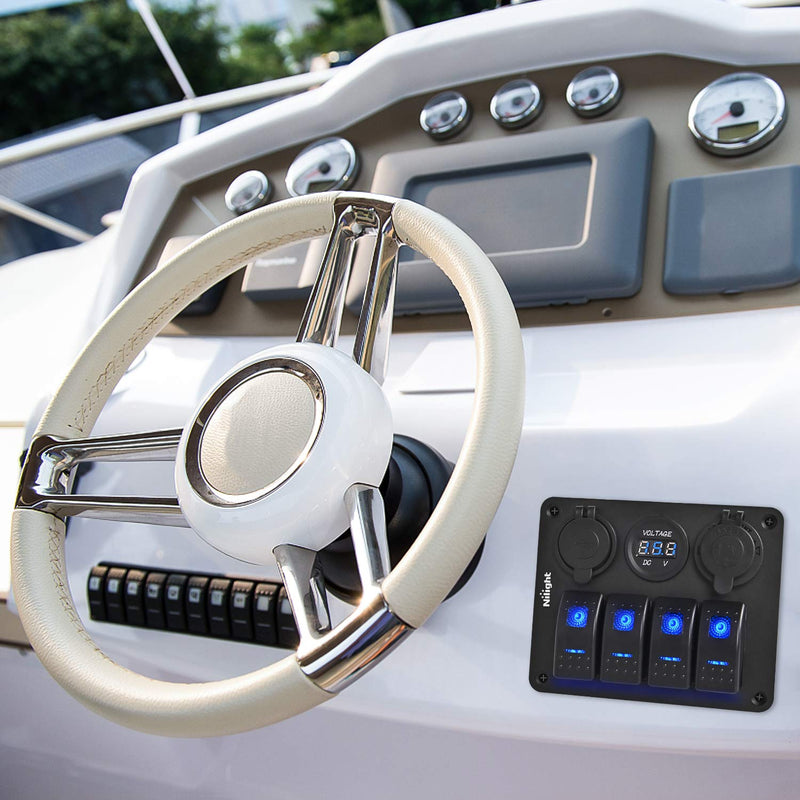 Nilight - 90117G 4 Gang Rocker Switch Panel Waterproof Pre-Wired Aluminum Switch Panel with Dual USB Cigarette Lighter Socket Voltmeter12V-24V DC ON Off Switch Panel for Cars Rvs Trucks, Blue