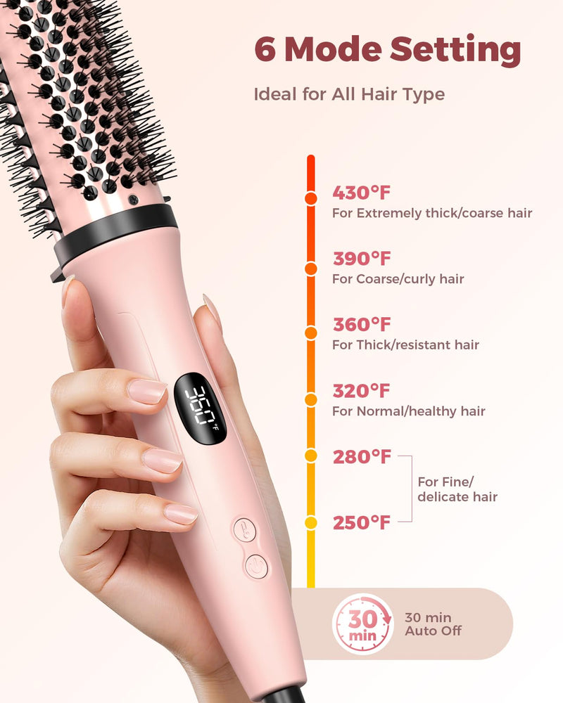 Bopcal Thermal Brush 38mm / 1.5 Inch, Heated Round Brush for Volume, Smooth Blowout Look & Soft Curls, Ionic Hot Brush with 6 Heat Settings, Dual Voltage Travel Styler, UK Plug, Soft Pink
