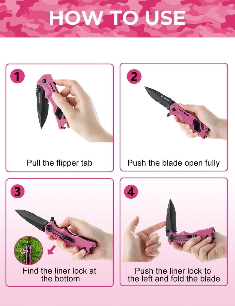 Elegant Pink EDC Pocket Knife for Women, 3 Inch Serrated Blade with G10 Handle and Seatbelt Cutter, Perfect for Hiking, Camping and Everyday Confidence