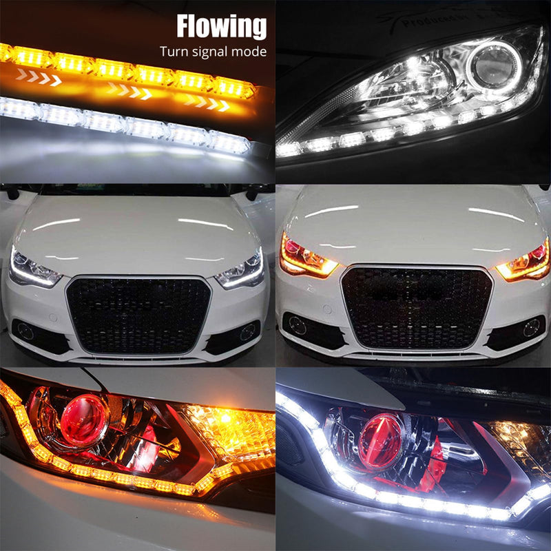 AUTOXBERT Car Daytime Running Light Strip, 2Pcs Flexible Crystal DRL LED Strip Sequential, Dual Color 17Inch Headlight LED Strip Turn Signal Lights Strip (White&Amber)