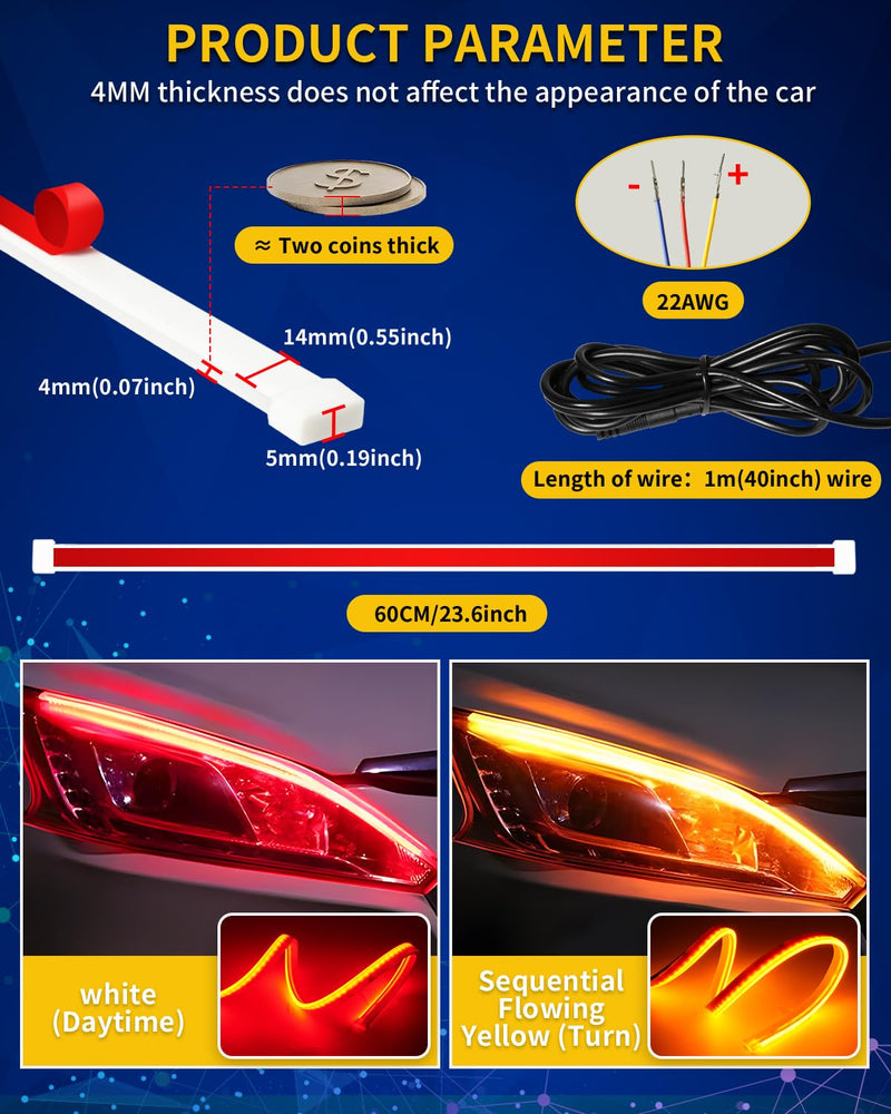 DRL Strip Light,2PCS 24 Inch Waterproof Flexible Sequential Turn Signal Light,DC 12V Super Bright Car Daytime Running Light Red &Amber/Yellow Switchback Sequential Lamp Red & Amber 24 inches